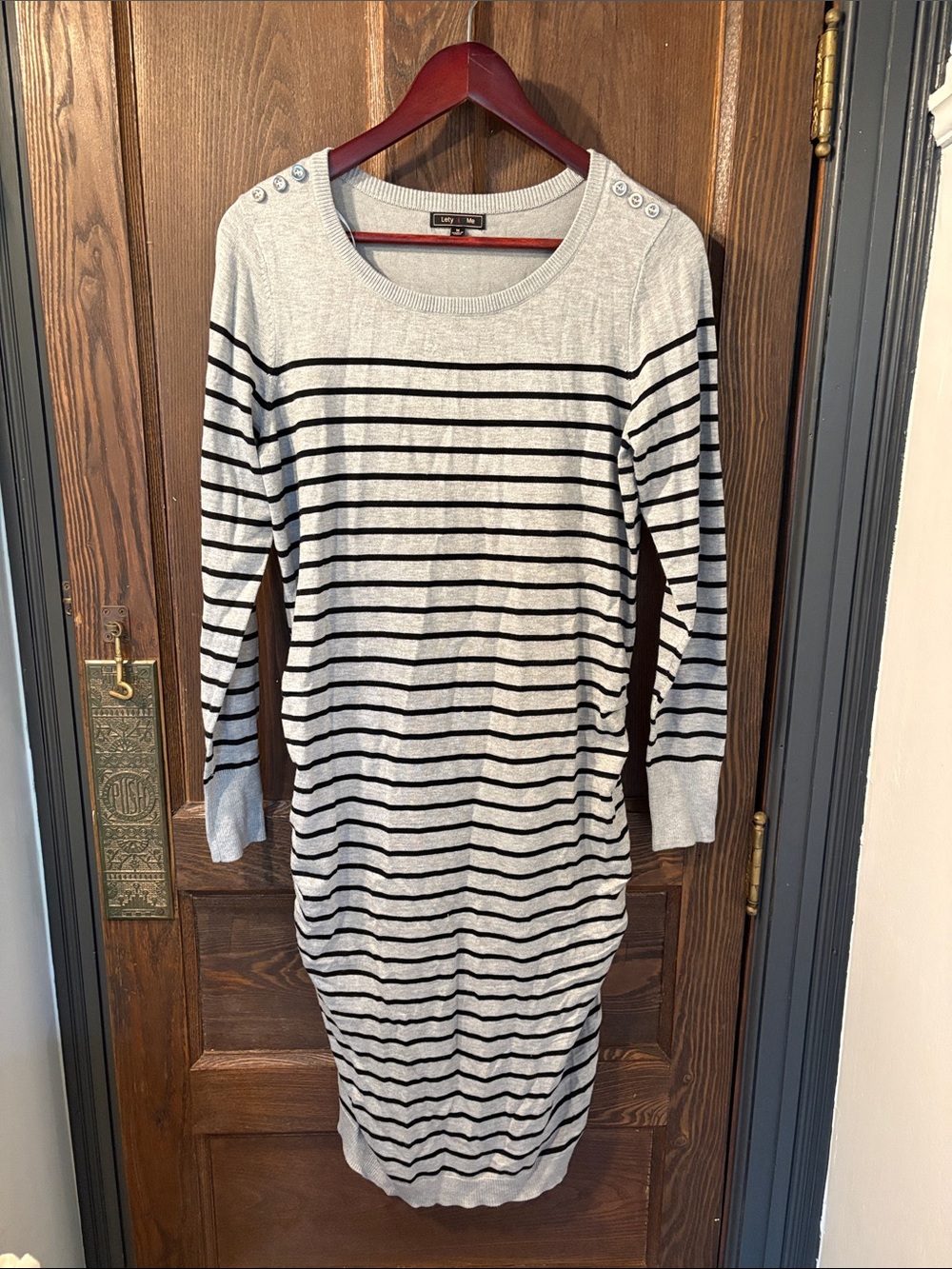 Striped Long-Sleeve Crewneck Knit Dress with Shoulder Button Detail - Gray/Black